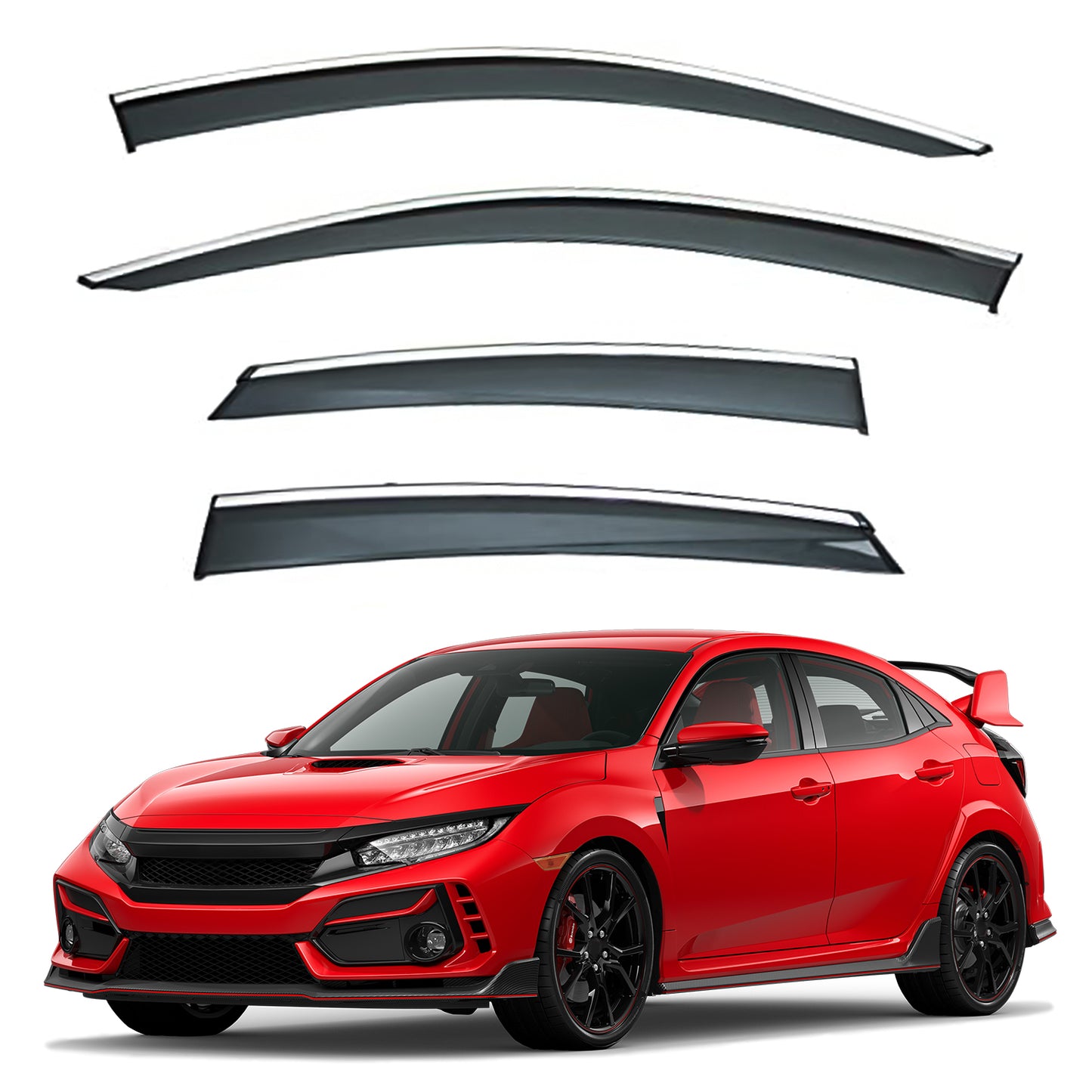 4pcs Smoke Tint with Chrome Trim Outside Mount Tape On/Clip On Style PVC Sun Rain Guard Vent Window Visors Compatible with 16-21 Civic 4-Door Sedan