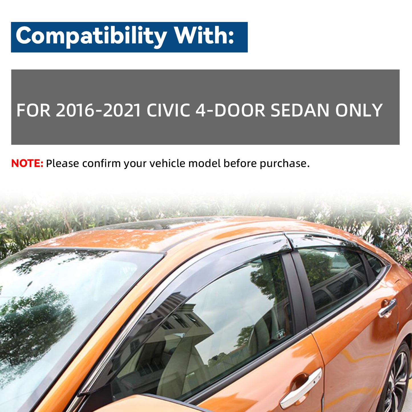 4pcs Smoke Tint with Chrome Trim Outside Mount Tape On/Clip On Style PVC Sun Rain Guard Vent Window Visors Compatible with 16-21 Civic 4-Door Sedan
