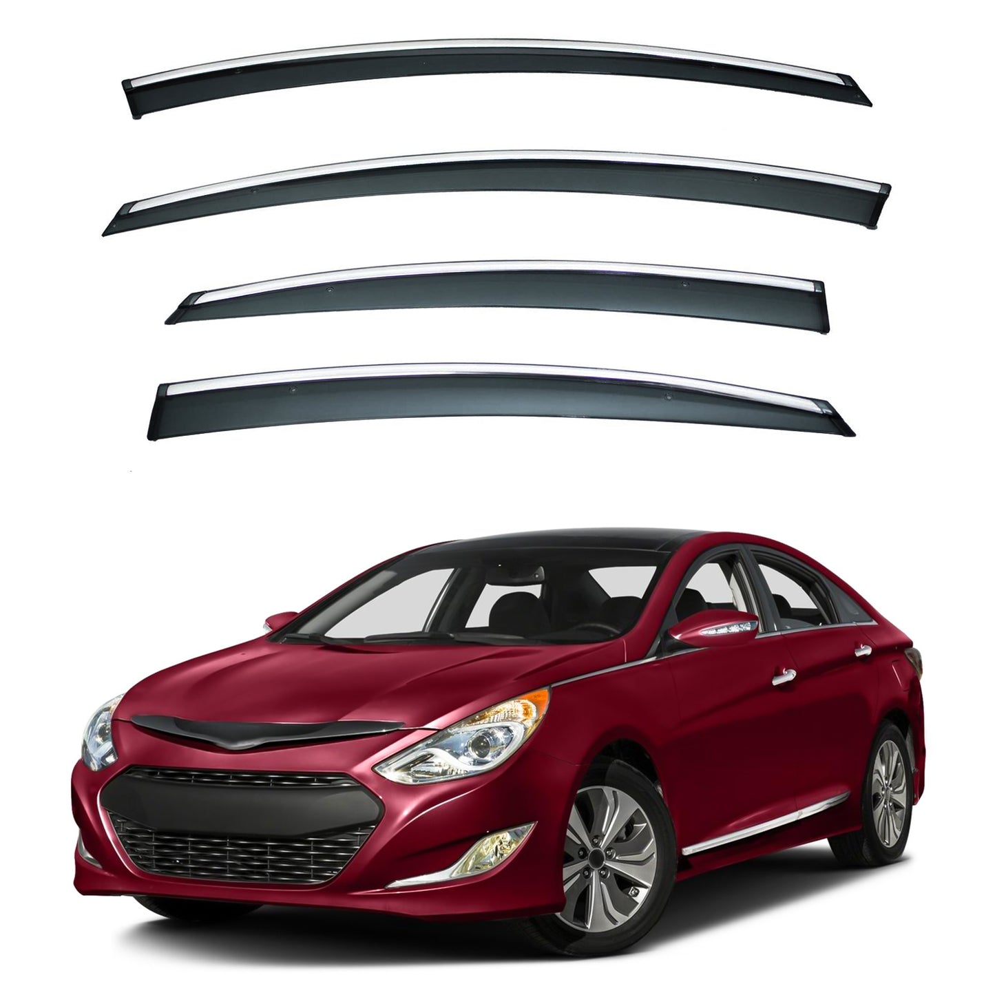 4pcs Smoke Tint with Chrome Trim Outside Mount Tape On/Clip On Style PVC Sun Rain Guard Vent Window Visors Compatible with 11-14 Sonata i45 YF 15 Hybrid