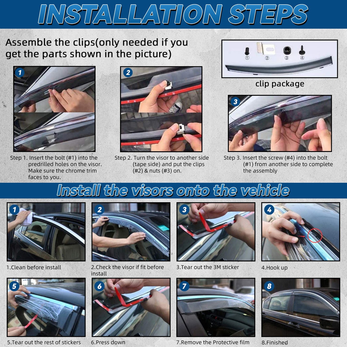 4pcs Smoke Tint with Chrome Trim Outside Mount Tape On/Clip On Style PVC Sun Rain Guard Vent Window Visors Compatible with 11-14 Sonata i45 YF 15 Hybrid