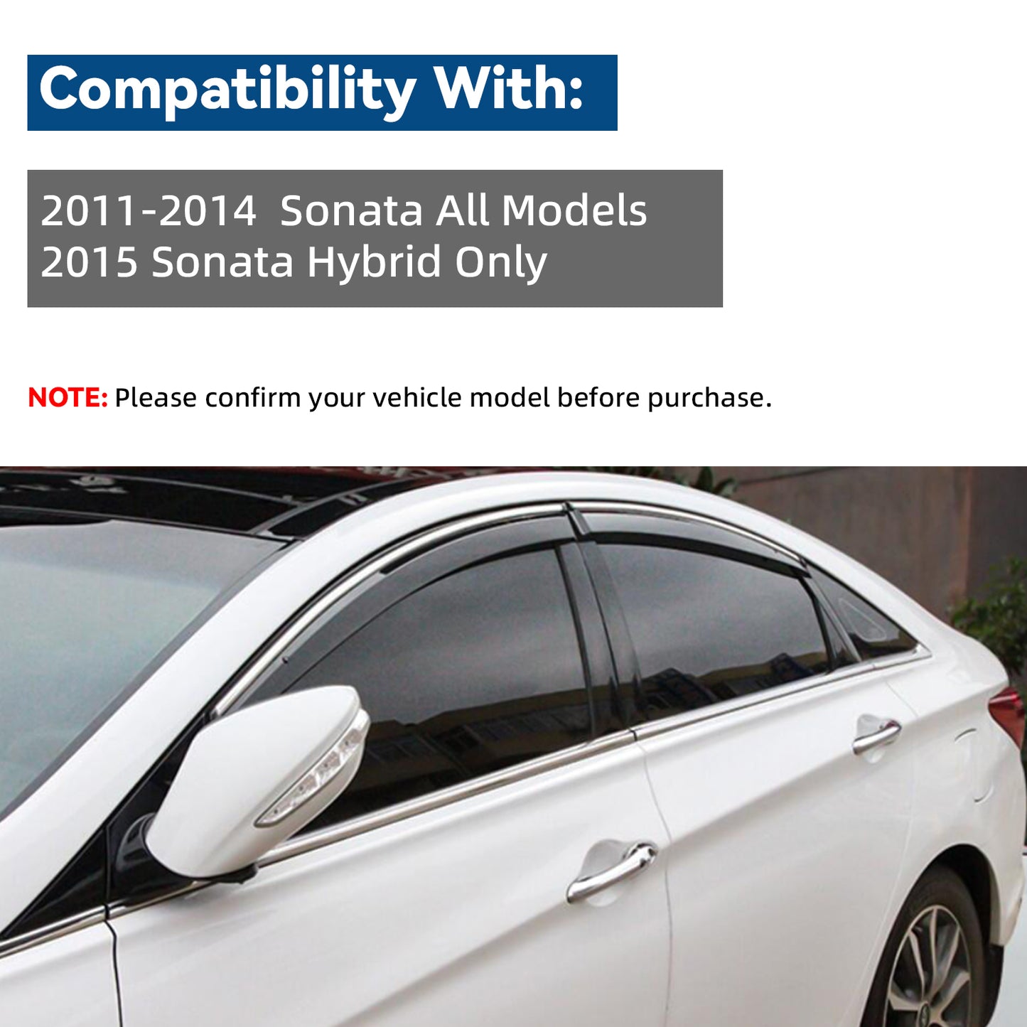 4pcs Smoke Tint with Chrome Trim Outside Mount Tape On/Clip On Style PVC Sun Rain Guard Vent Window Visors Compatible with 11-14 Sonata i45 YF 15 Hybrid