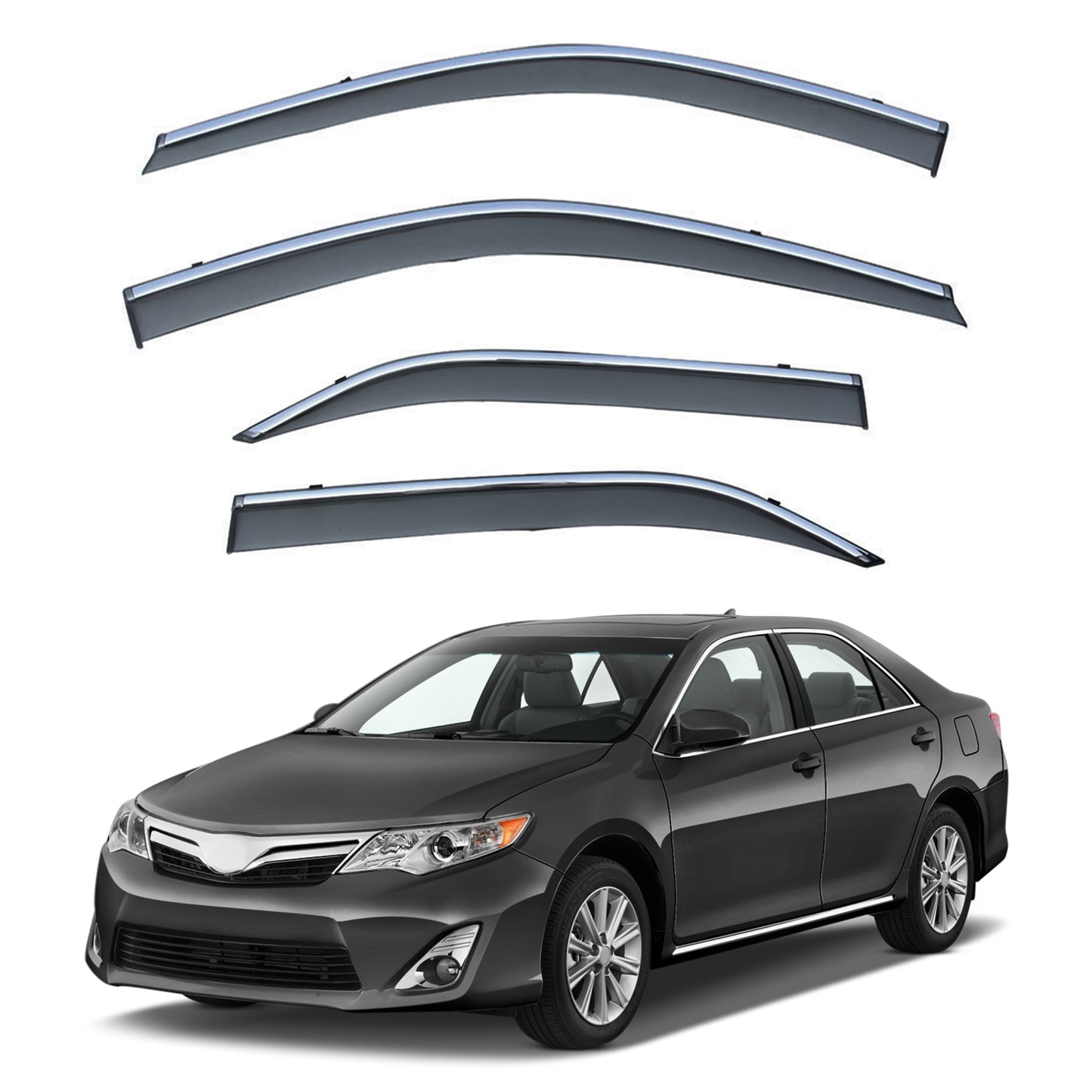 4pcs Smoke Tint with Chrome Trim Outside Mount Tape On/Clip On Style PVC Sun Rain Guard Vent Window Visors Compatible with 12-14 Camry