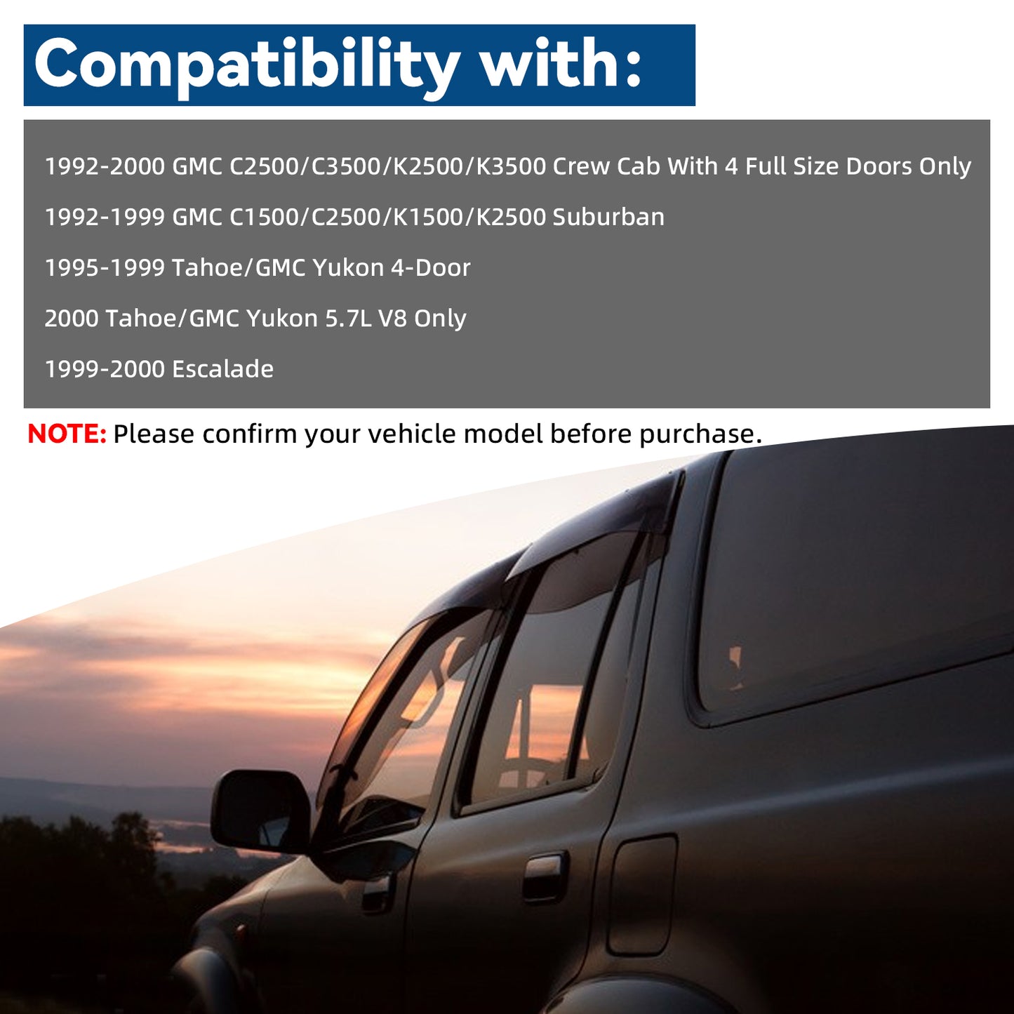 Set of 4 Front+Rear Smoke Sun/Rain Guard Outside Mount Tape-On Acrylic Window Visors Compatible with 92-00 C/K Crew Cab 92-99 Suburban 95-99 Tahoe/Yukon 4-Door 00 5.7L V8 99-00 Escalade