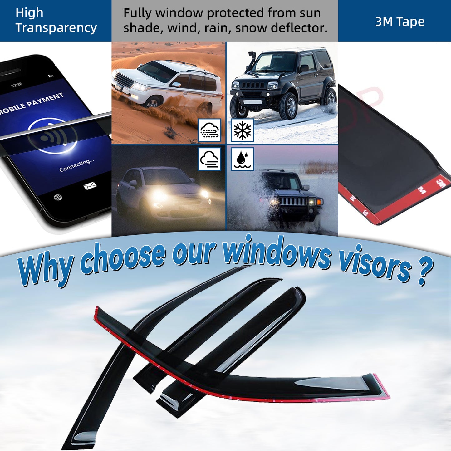 4pcs Front+Rear JDM Smoke Sun/Rain Guard Outside Mount Tape-On Window Visors Compatible with 97-01 CR-V CRV