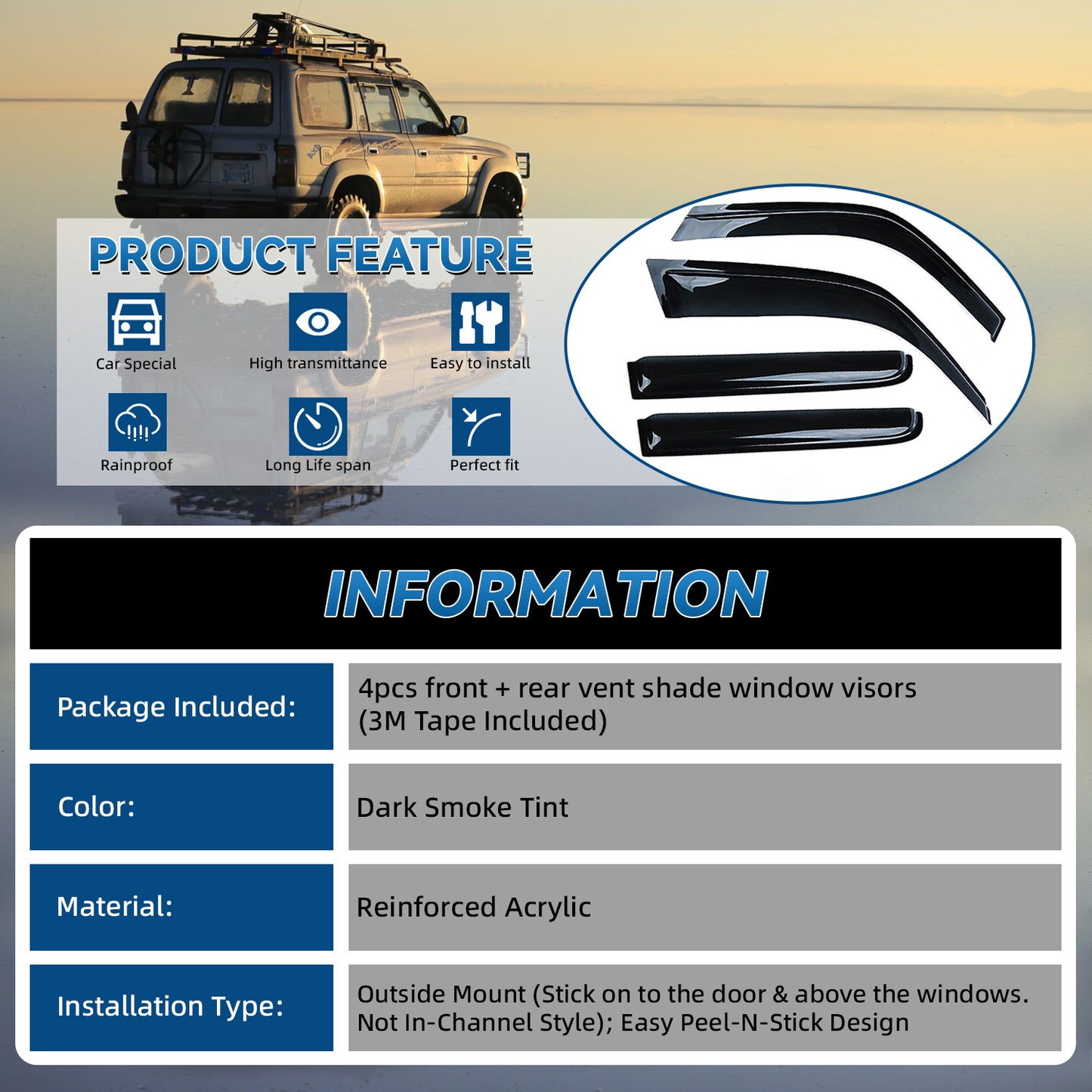 4pcs Front+Rear JDM Smoke Sun/Rain Guard Outside Mount Tape-On Window Visors Compatible with 97-01 CR-V CRV