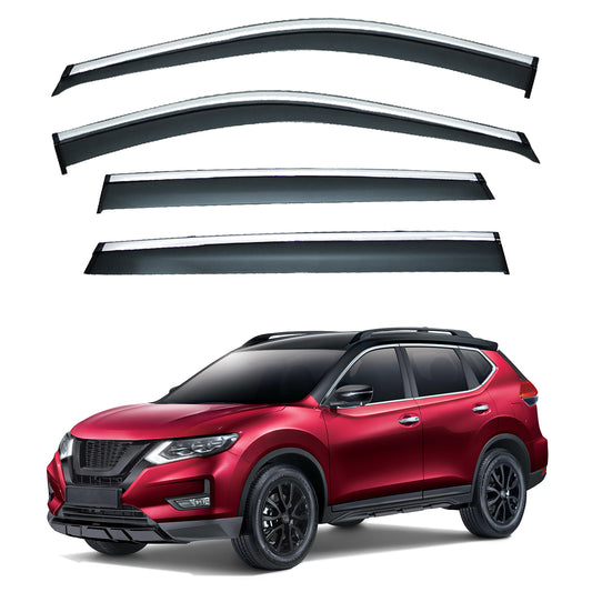 4pcs Smoke Tint with Chrome Trim Outside Mount Tape On/Clip On Style PVC Sun Rain Guard Vent Window Visors Compatible with for 14-20 X-Trail/Rogue