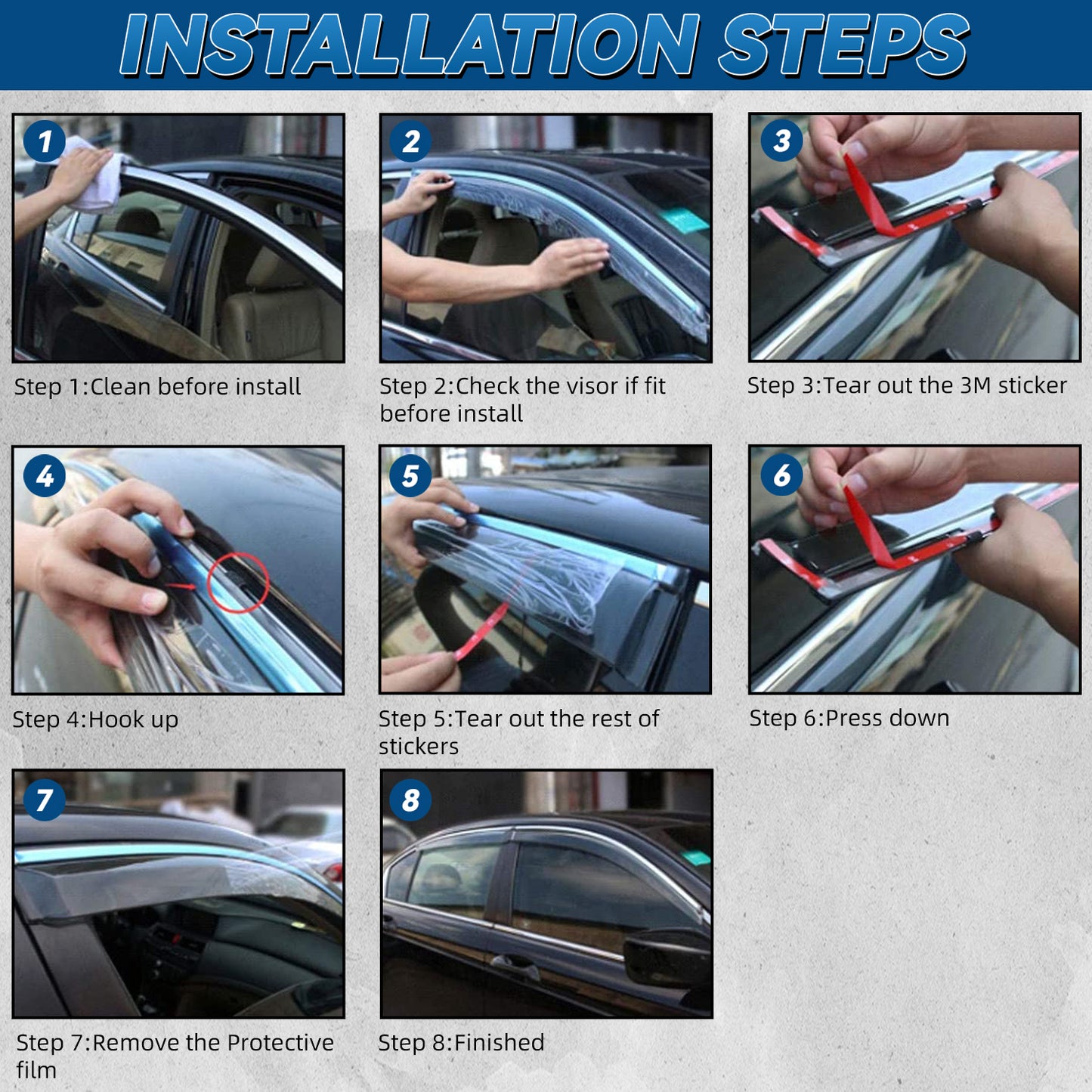4pcs Smoke Tint with Chrome Trim Outside Mount Tape On/Clip On Style PVC Sun Rain Guard Vent Window Visors Compatible with for 14-20 X-Trail/Rogue