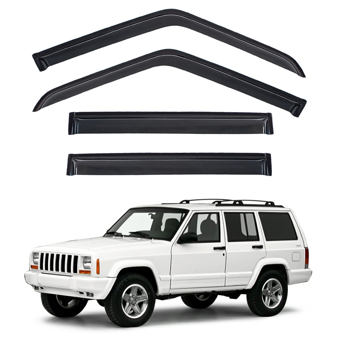 4pcs Front+Rear Smoke Sun/Rain Guard Outside Mount Tape-On Window Visors Compatible With 84-01 Cherokee 4-Door