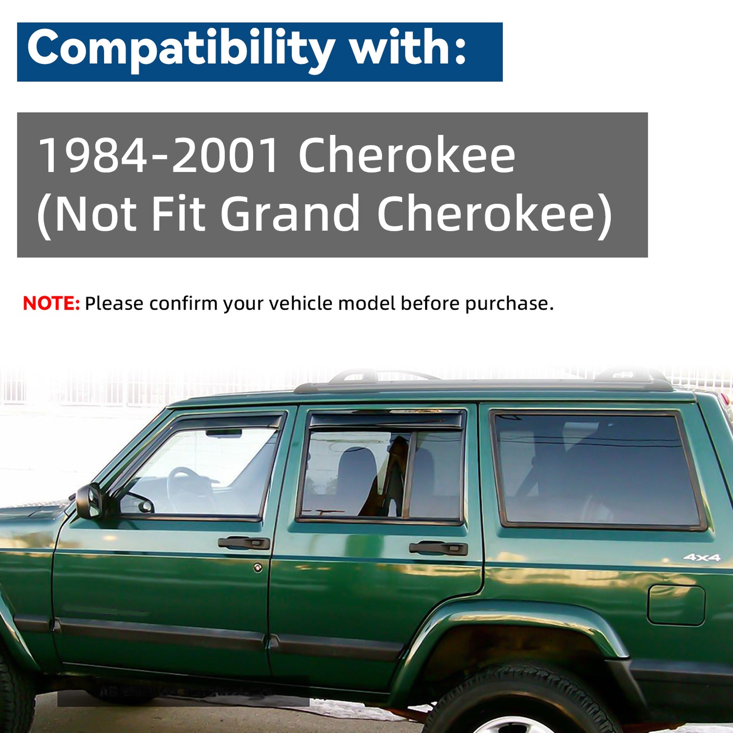 4pcs Front+Rear Smoke Sun/Rain Guard Outside Mount Tape-On Window Visors Compatible With 84-01 Cherokee 4-Door