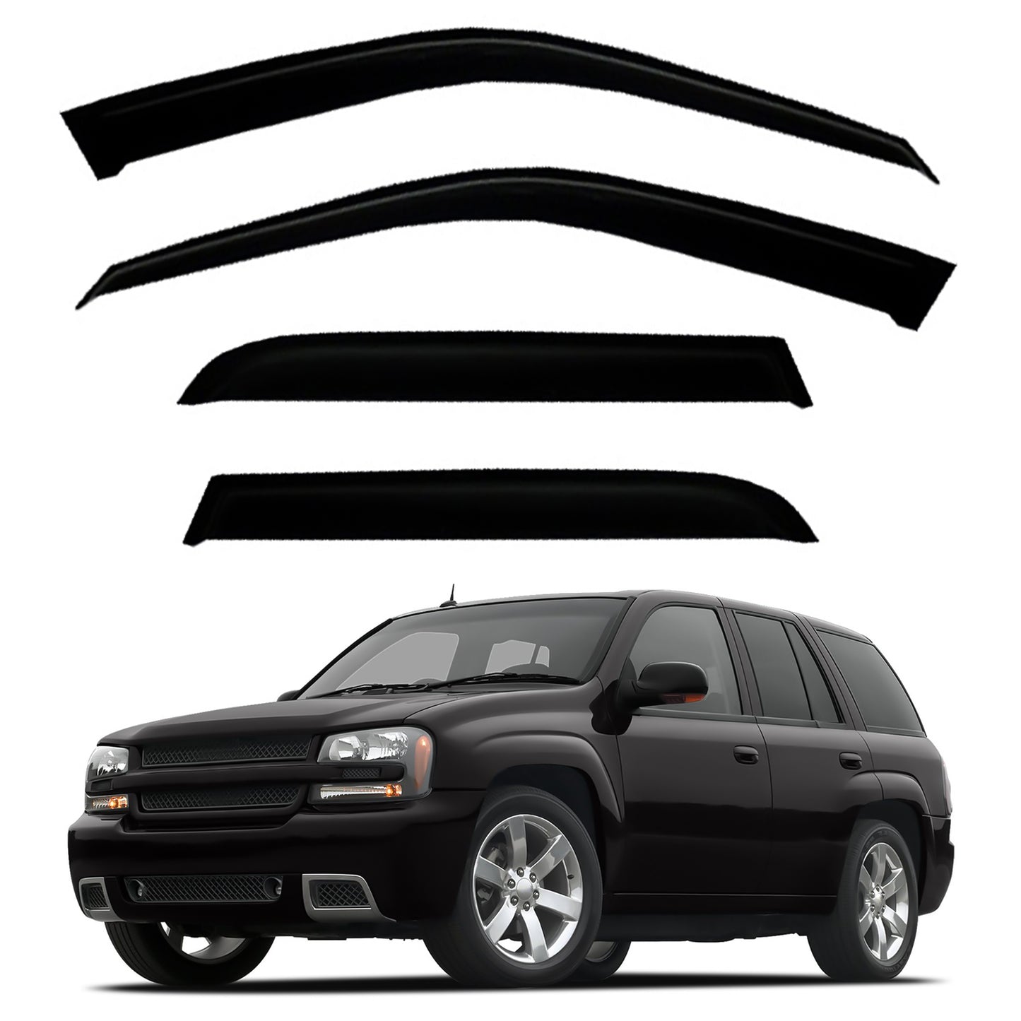 4pcs Front+Rear Smoke Sun/Rain Guard Outside Mount Tape-On Window Visors Compatible with 02-09 Trailblazer Envoy 5 Passenger Models