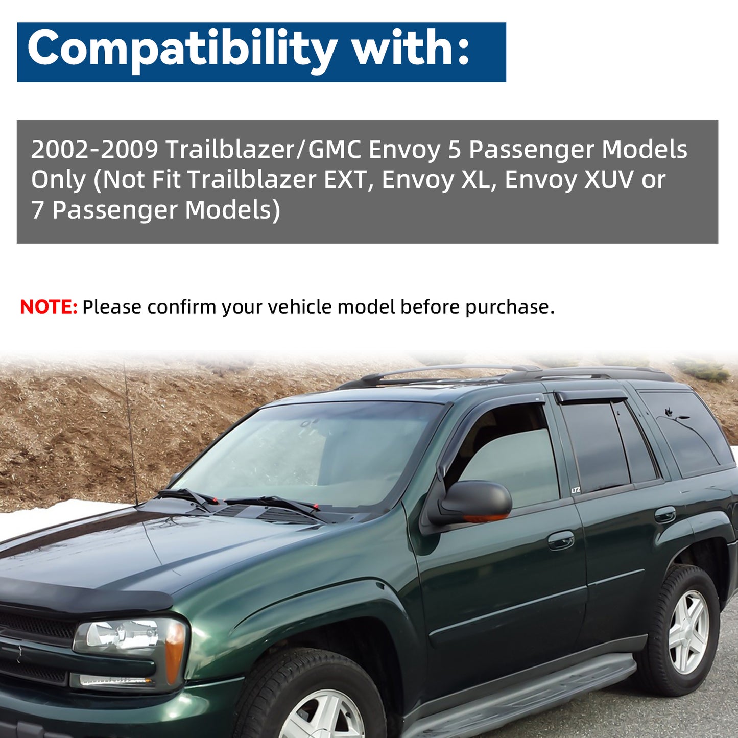 4pcs Front+Rear Smoke Sun/Rain Guard Outside Mount Tape-On Window Visors Compatible with 02-09 Trailblazer Envoy 5 Passenger Models
